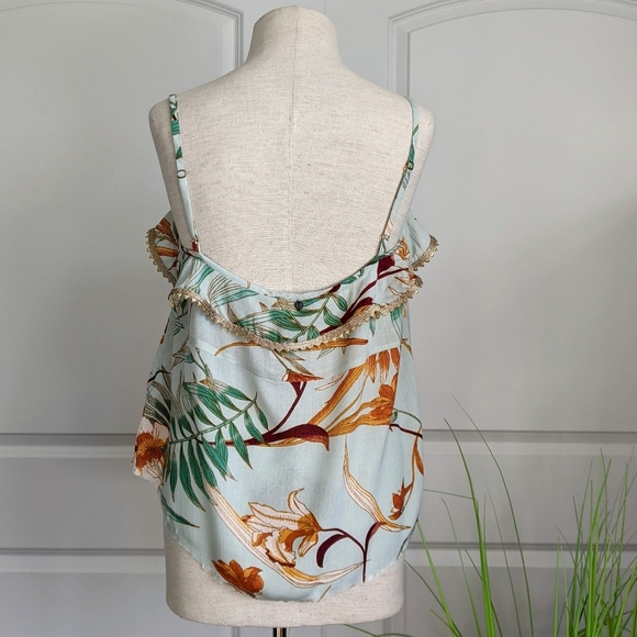 Z&L Europe Crop Sleeveless Ruffled Neckline Front & Back Floral Print Aqua M NWT - Picture 10 of 16